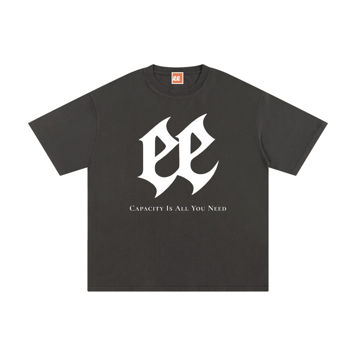 Capacity Is All You Need Tour Tee in Dark Gray, front: blackletter ee sigil