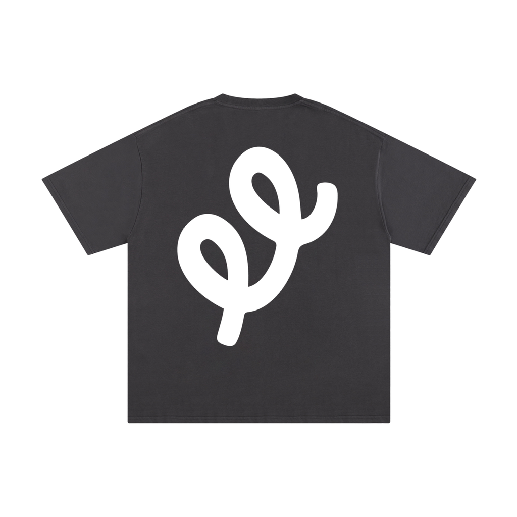 Accelerate Energy Tee in Dark Gray, back: oversized white ee mark