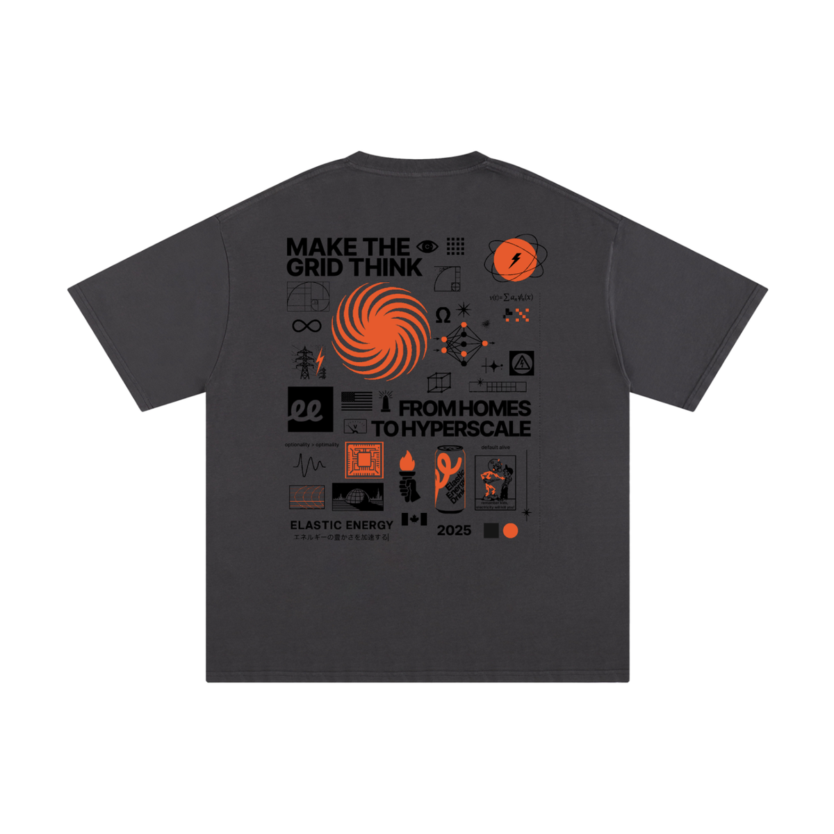 Elastic Signal Tee in Dark Gray, back: grid collage print