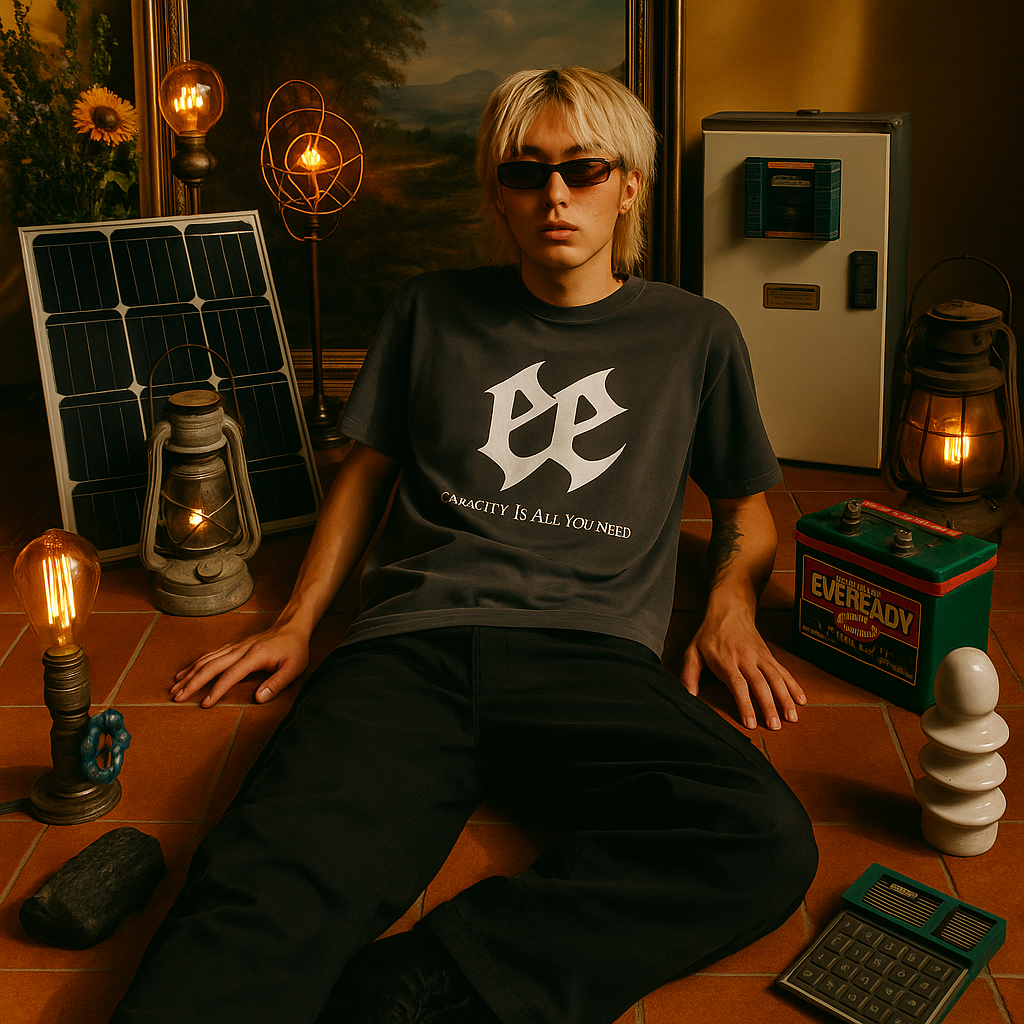 Person wearing the Capacity Is All You Need Tour Tee beside lanterns and a solar panel