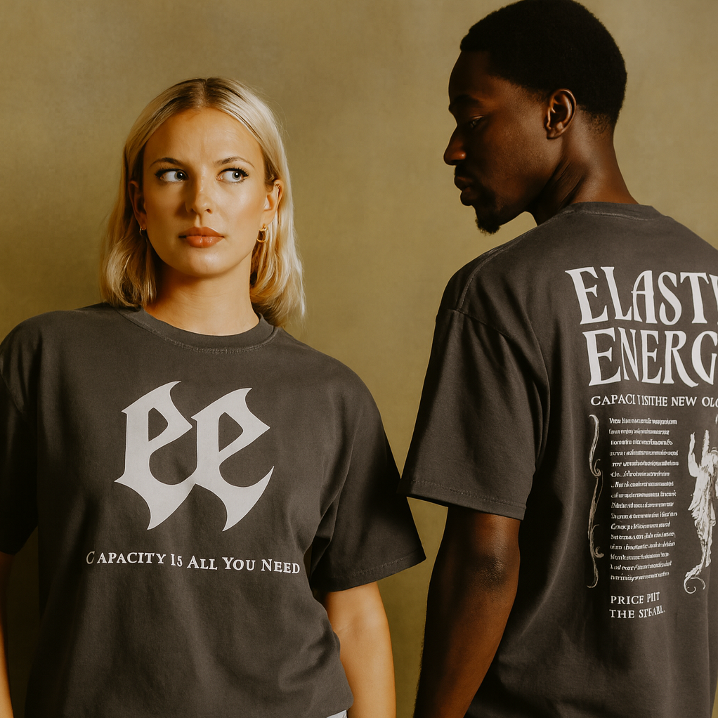 Two people wearing the Capacity Is All You Need Tour Tee, front and back