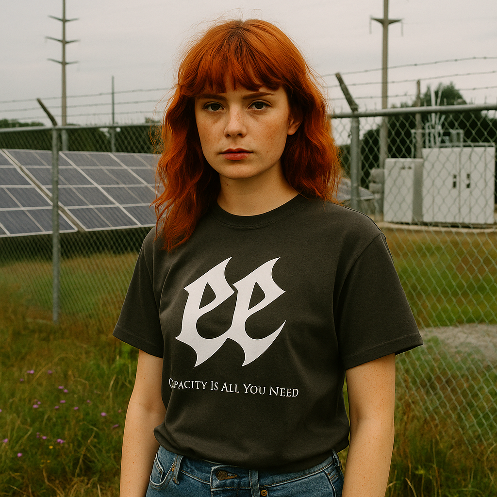 Person wearing the Capacity Is All You Need Tour Tee at a solar farm fence