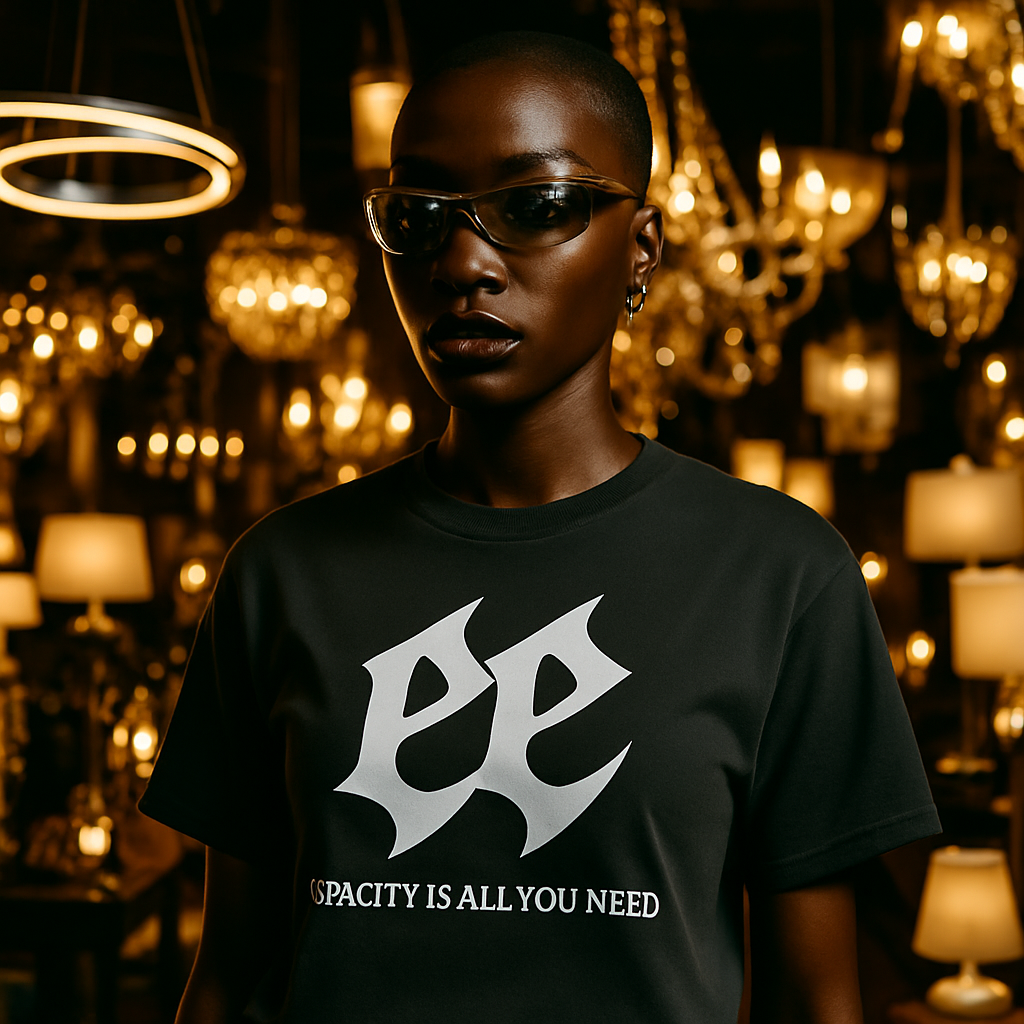 Person in sunglasses wearing the Capacity Is All You Need Tour Tee under chandeliers