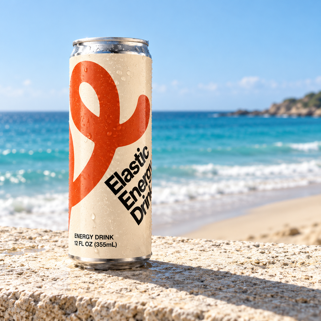 Elastic Energy Drink can on a stone ledge by the ocean