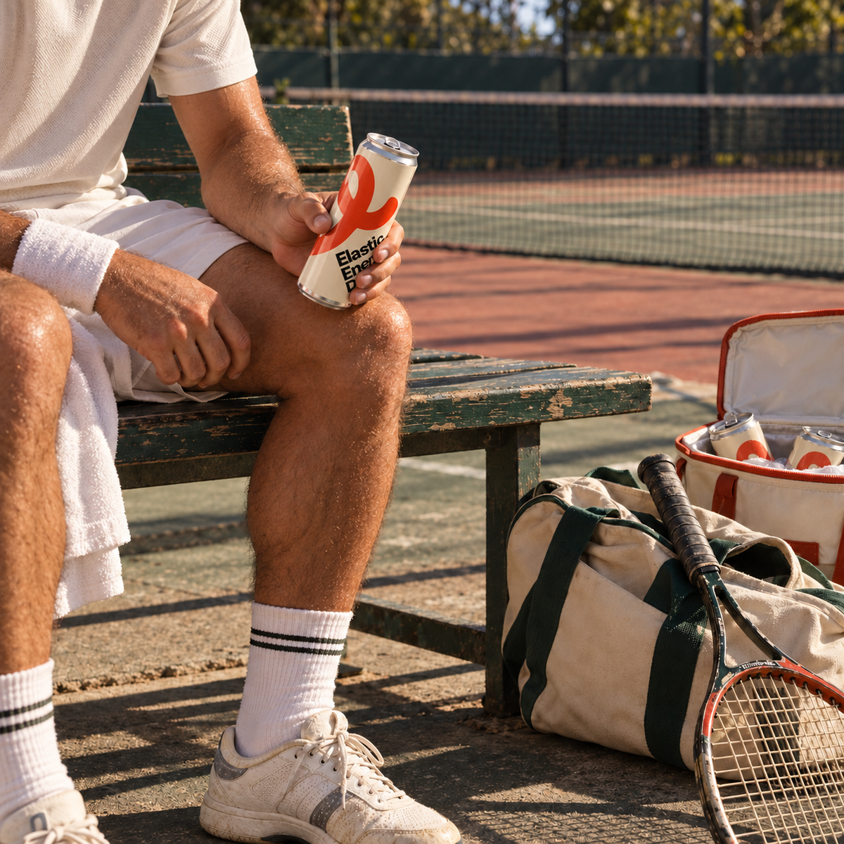 Tennis player on a courtside bench holding an Elastic Energy Drink