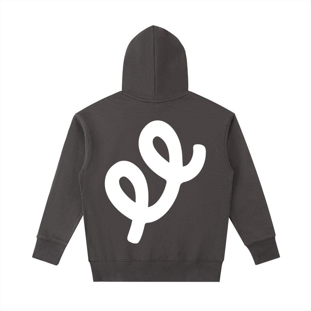 Elastic Signal Hoodie in Dark Gray, back: oversized white ee mark