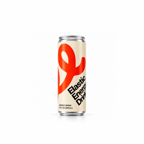 Elastic Energy Drink can, cream label with the Red Ochre ee, 355 mL