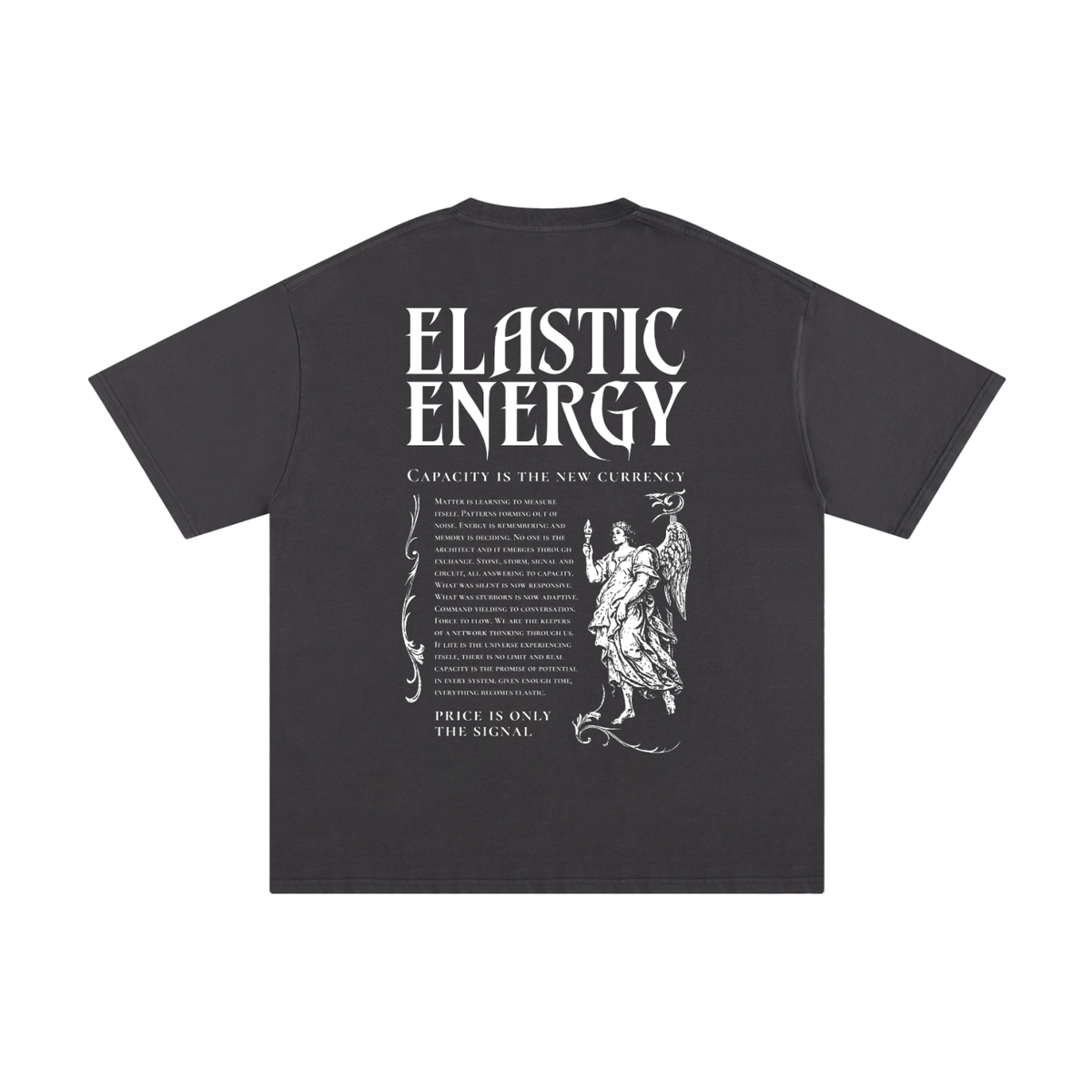 Capacity Is All You Need Tour Tee in Dark Gray, back: Elastic Energy engraving