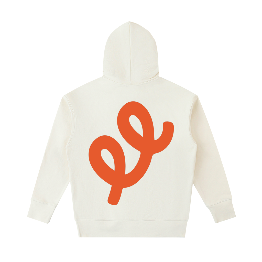 Elastic Signal Hoodie in Apricot, back: oversized Red Ochre ee mark
